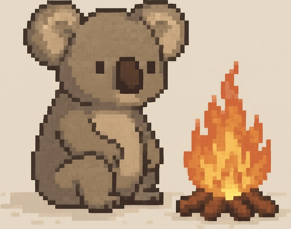 Pixelated koala by a fire